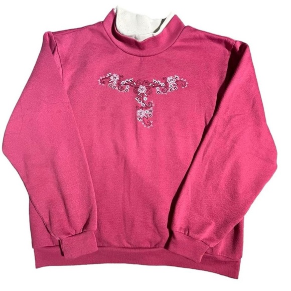 Blair Sweaters - 186-Pink and white grandma crew neck with embroidered design on chest. #vintage